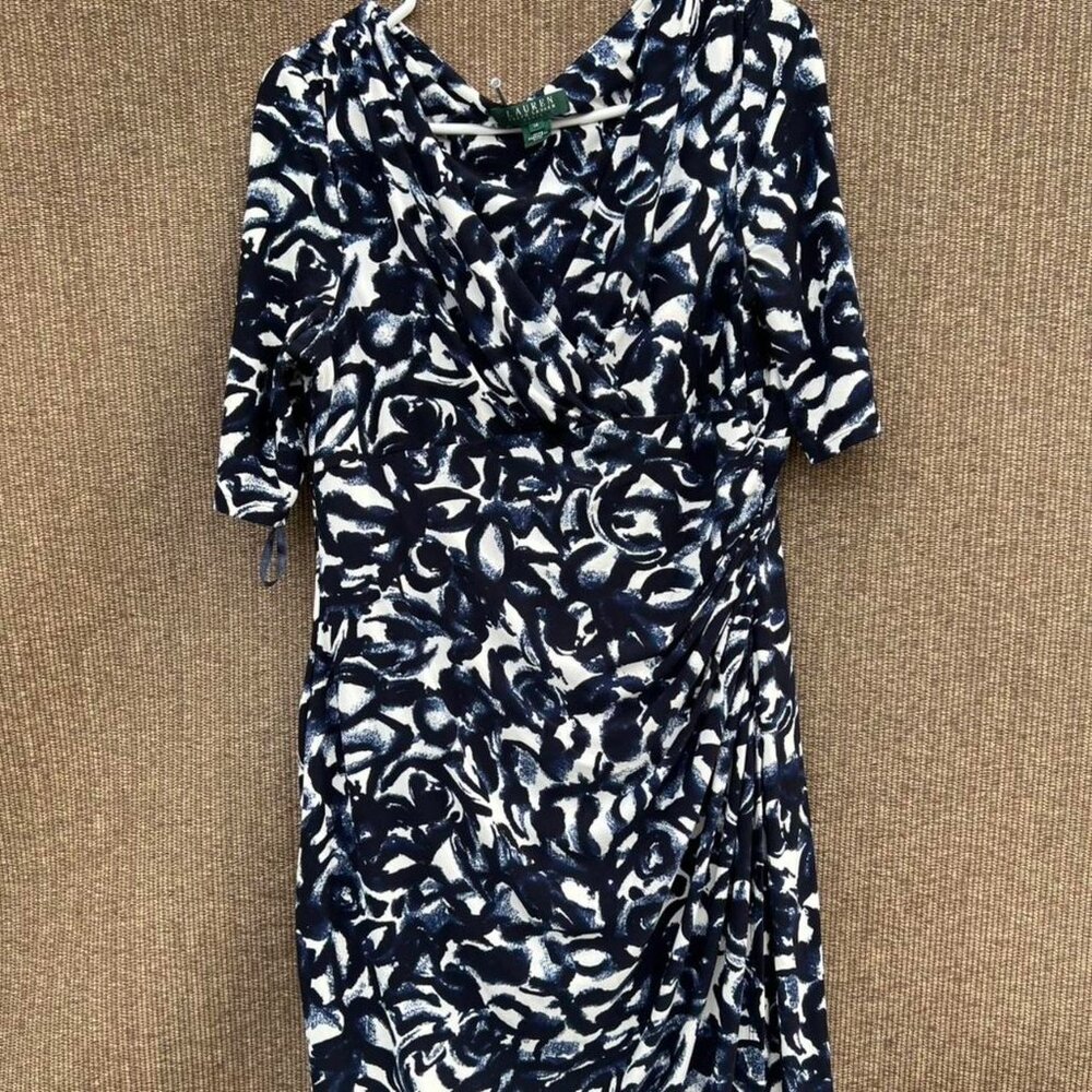 Lauren Ralph Floral 14 Moc Wrap Jersey Stretch Dress Abstract Print Blue Empire